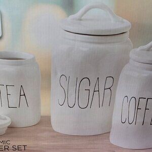 Parini 3 Pc White Farmhouse Tea, Sugar & Coffee Ceramic Canister Set